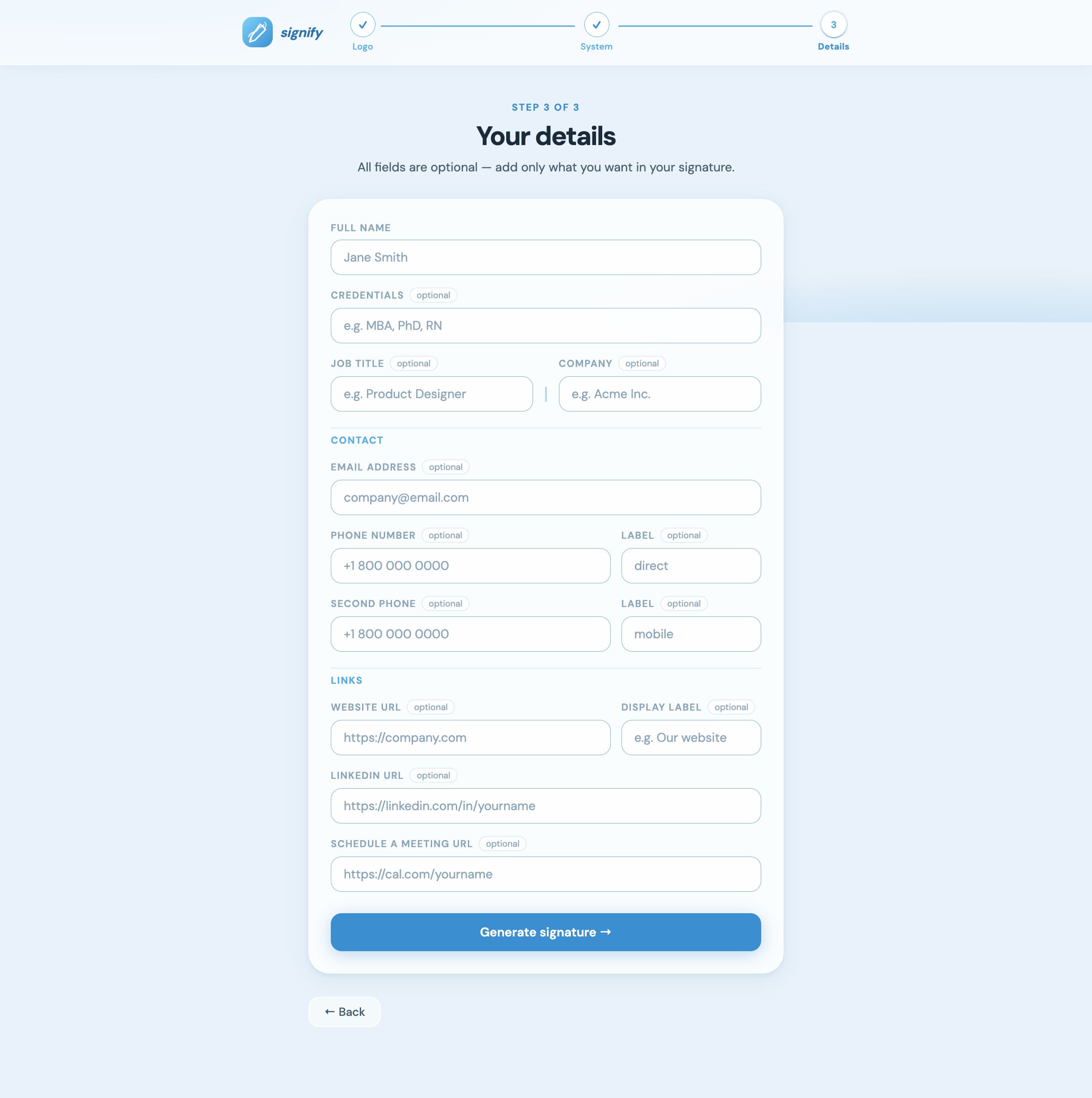 Email Generator signature fields